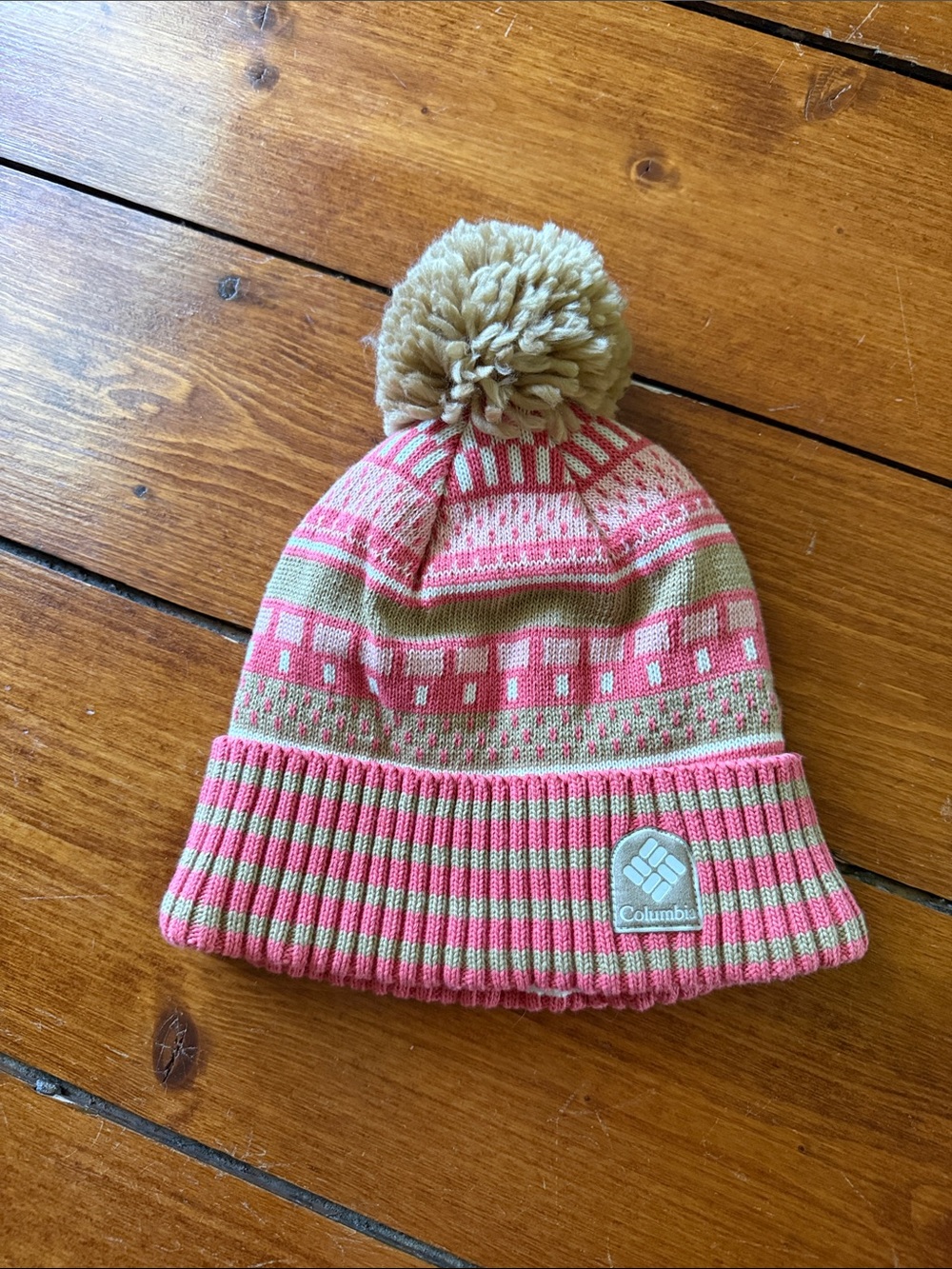 Columbia Pink and Tan Pom Knit Beanie